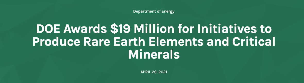 DOE Award $19 million for initiatives to produce rare earth elements and critical minerals